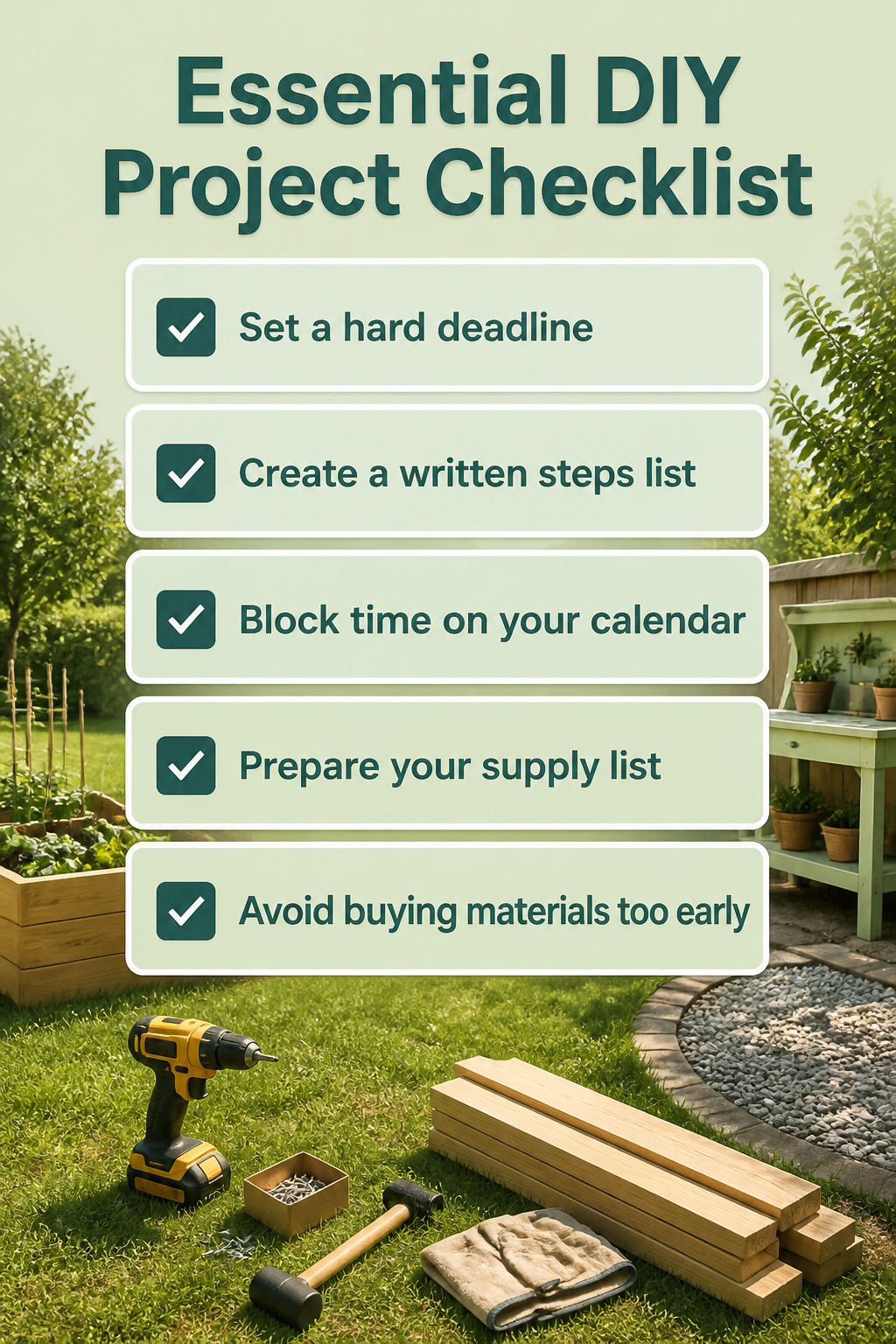 10 Farmhouse Outdoor Ideas for Backyards and Patios in 2026 13 Checklist titled 'Essential DIY Project Checklist' for outdoor projects.