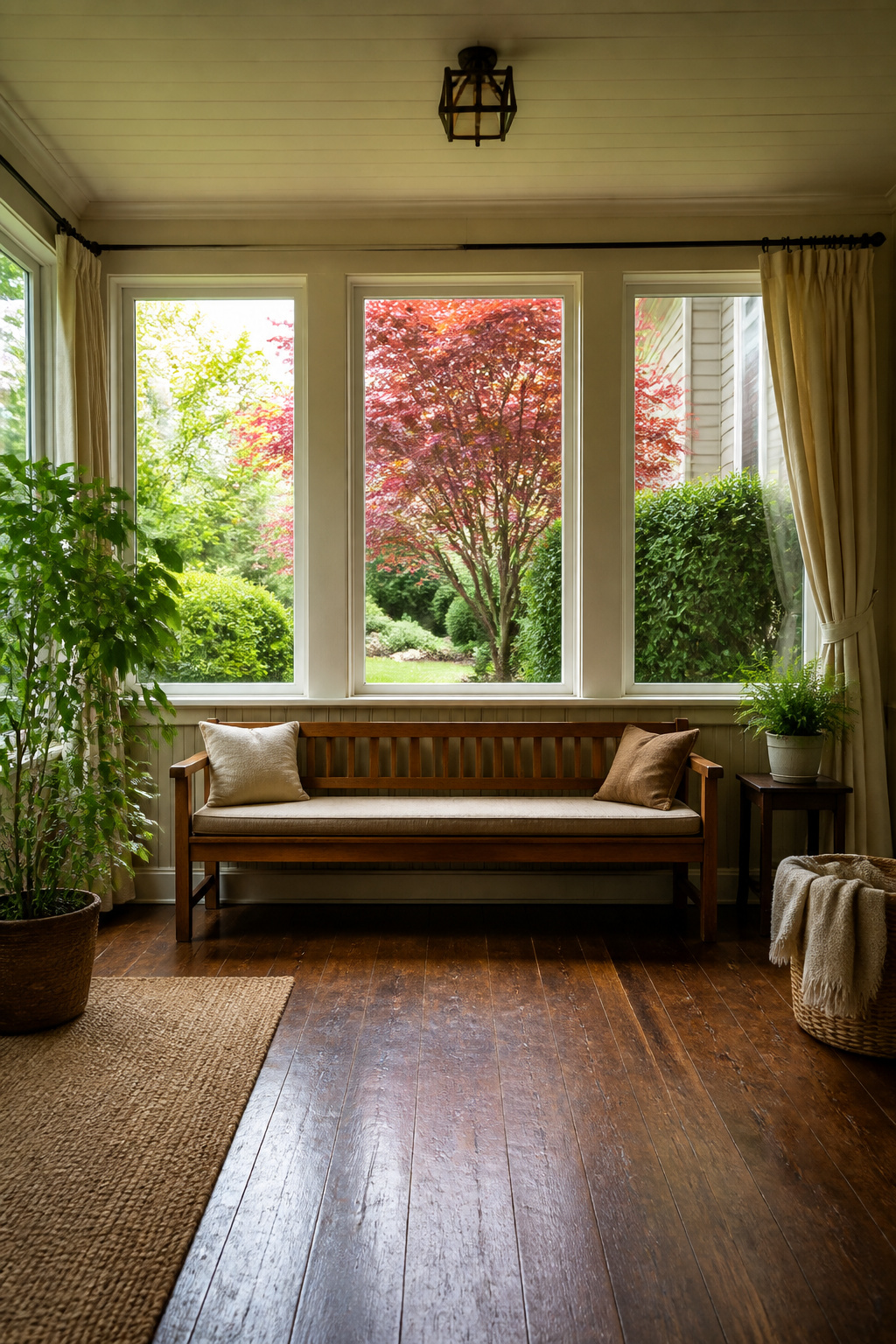 A low bench facing windows revealing lush outdoor greenery.