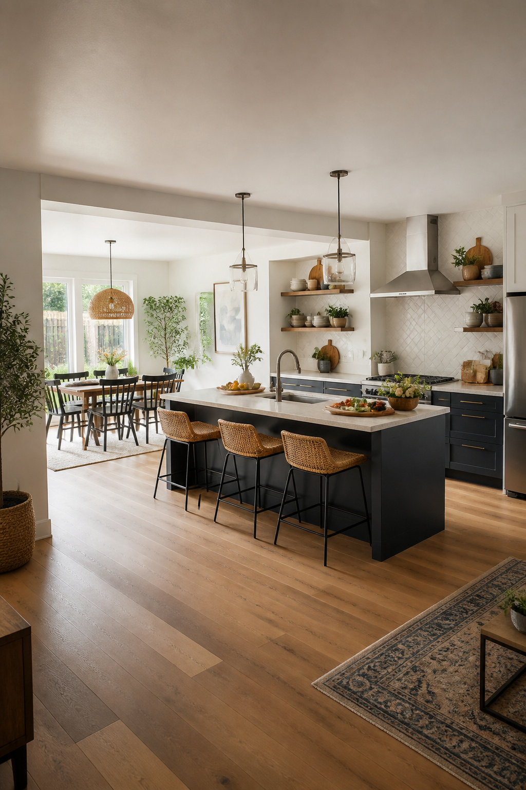 20 Convenient Kitchen Ideas for a Smarter 2026 Remodel 13 Open kitchen layout connecting to the dining area.