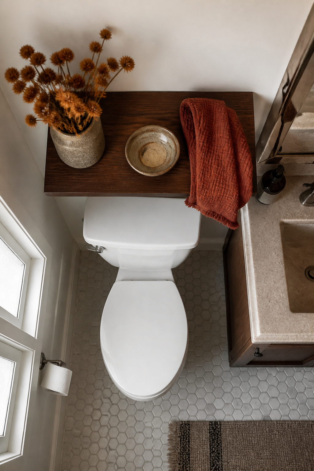 Decorative items and towels swapped seasonally above a toilet.