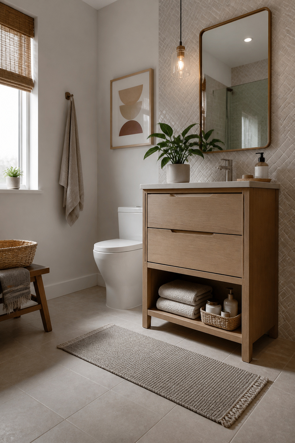 A tall bathroom cabinet providing vertical storage solutions for towels and supplies.