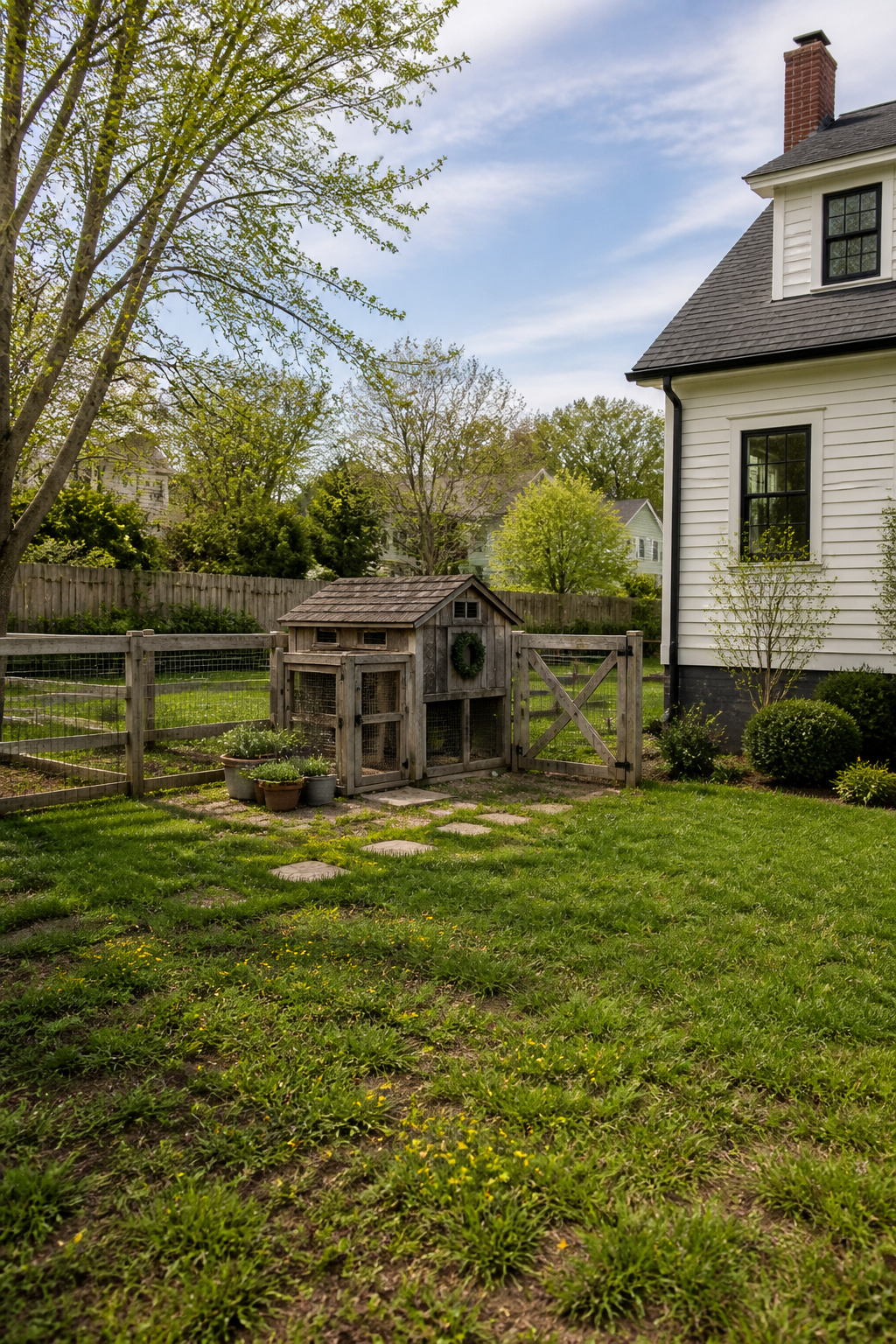 10 Farmhouse Outdoor Ideas for Backyards and Patios in 2026 14 A small coop housing three hens in a suburban yard.