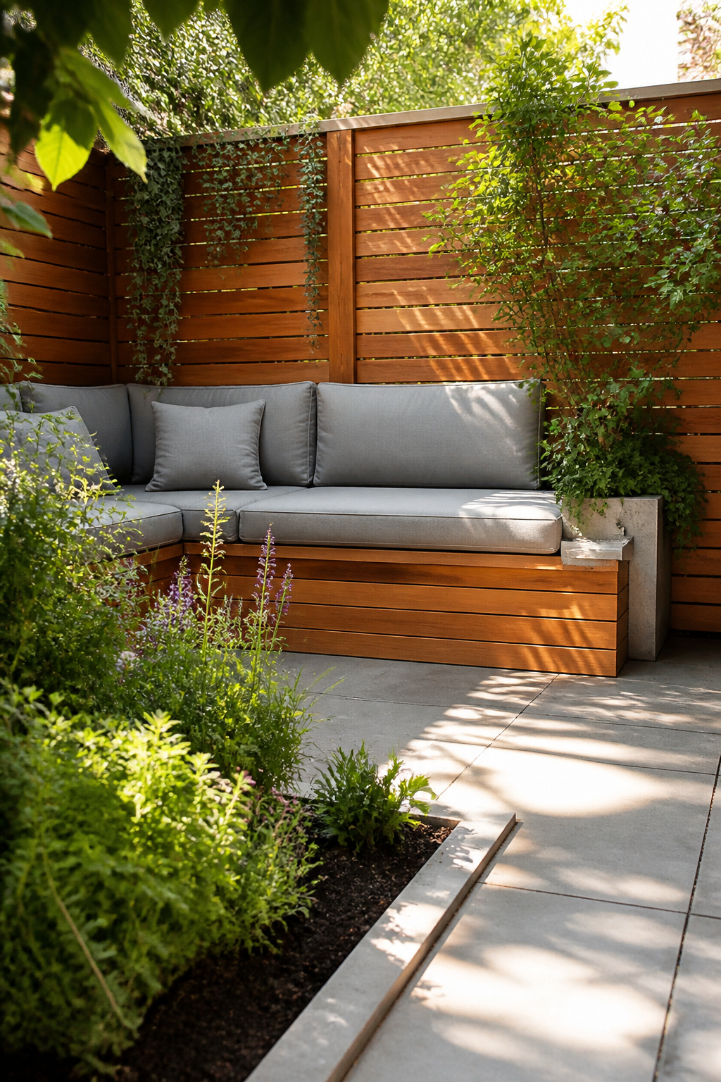 12 Small Backyard Ideas to Stretch Every Square Foot in 2026 14 Built-in bench with cushions in a compact backyard.