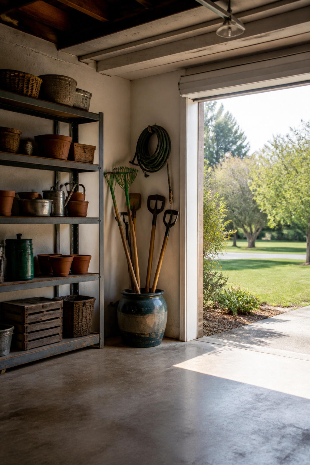 A sturdy umbrella stand holding long-handled tools upright in a garage.