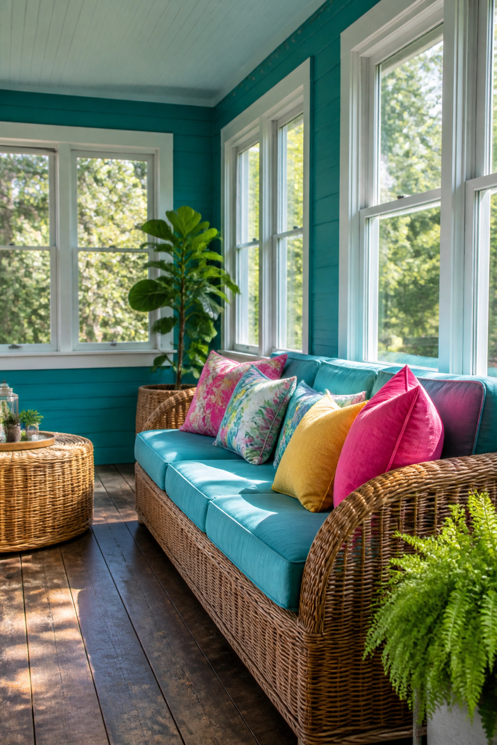 Teal-painted walls in an enclosed porch, reflecting natural light.