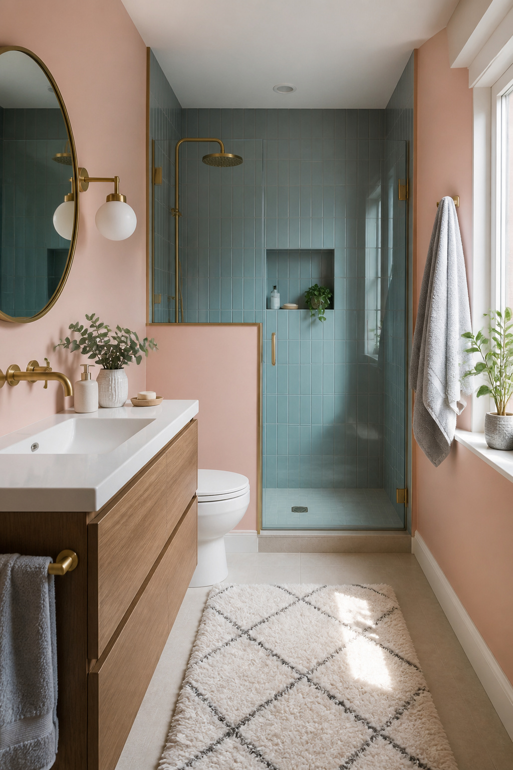9 Paint Ideas for Small Bathrooms to Make the Room Feel Bigger (2026) 14 A serene bathroom with soft pink and muted blue wall colors.