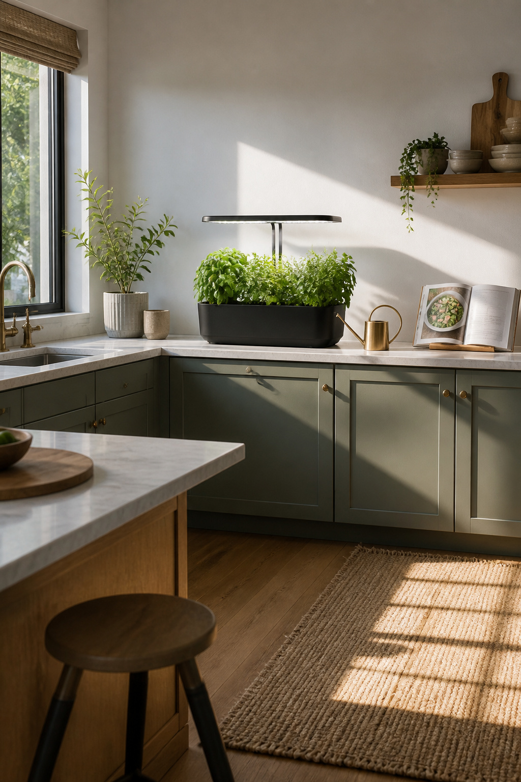 15 Smart Kitchen Design Ideas That Add Real Function for 2026 14 A countertop indoor garden with LED lights and growing herbs.