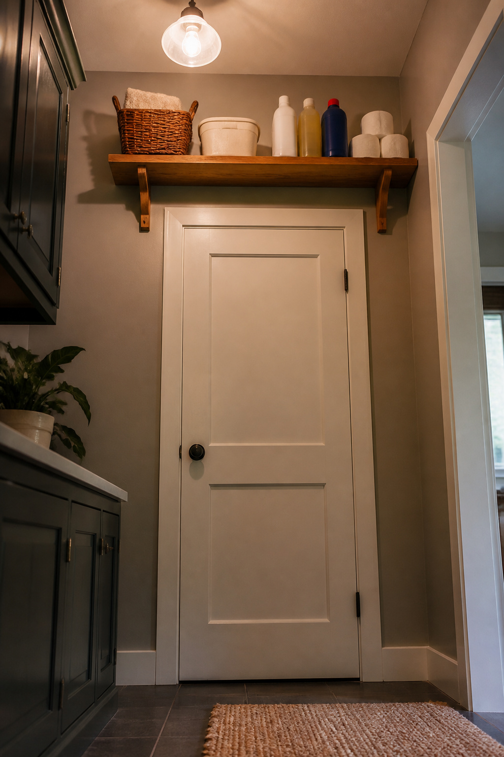 A shelf above a broom closet door holding cleaning supplies.