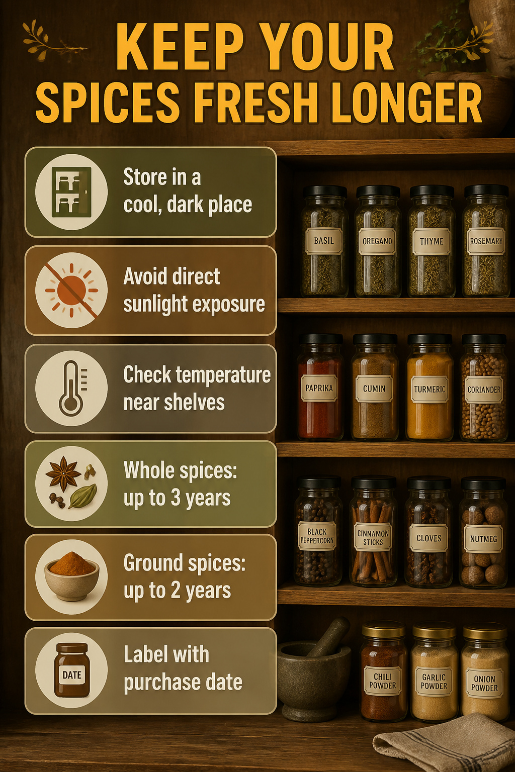 12 Kitchen Spice Rack Ideas to Organize Your Counter or Wall (2026) 14 An infographic about keeping spices fresh longer.