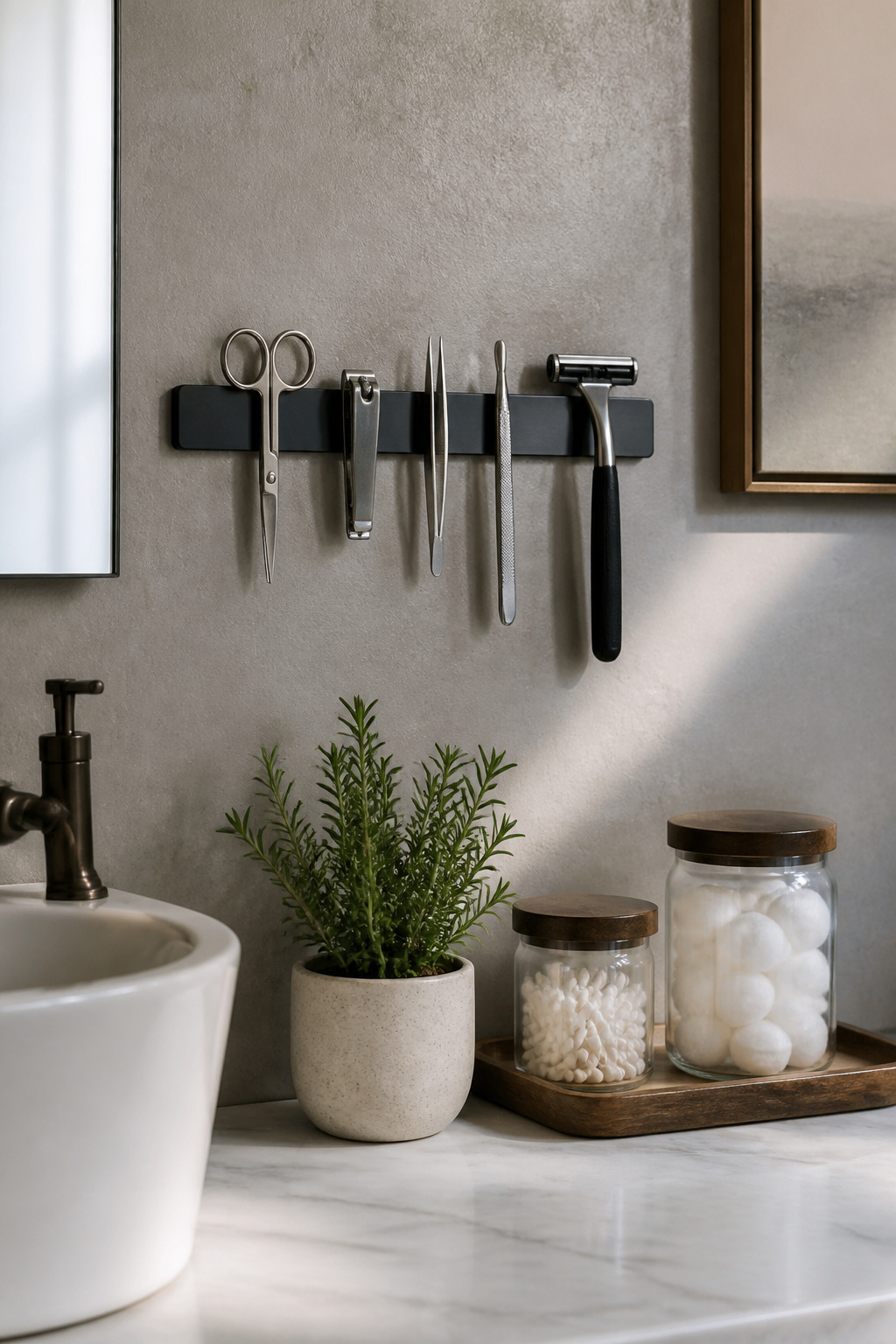 A wall-mounted magnetic strip holding various small metal bathroom tools.