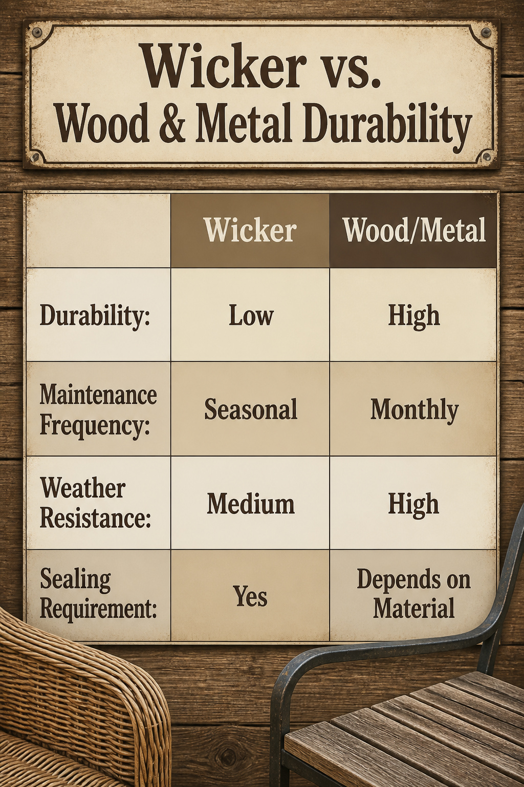 10 Farmhouse Outdoor Ideas for Backyards and Patios in 2026 15 Image comparing wicker, wood, and metal outdoor furniture durability.