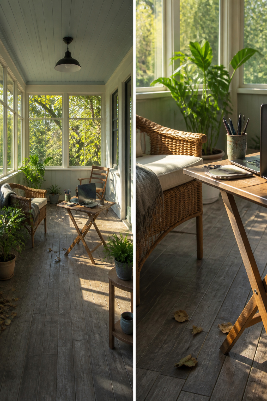 A folding chair placed in a versatile layout within the porch.