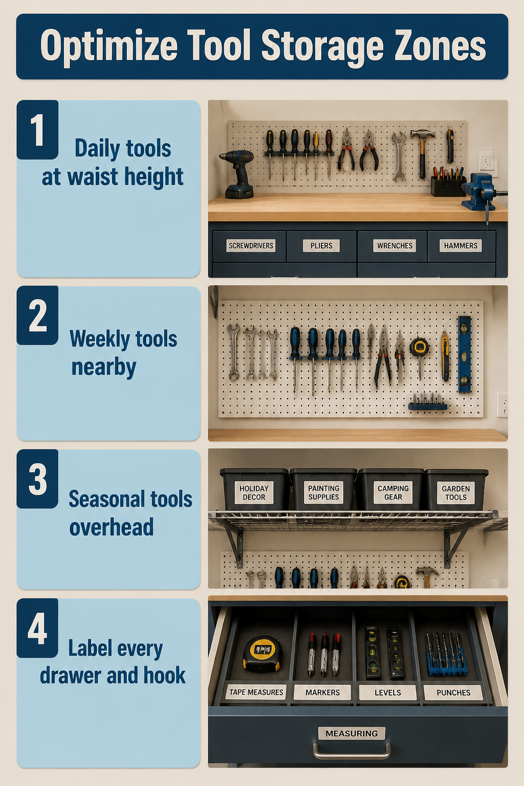An illustration showing organized tool storage zones for easy access.