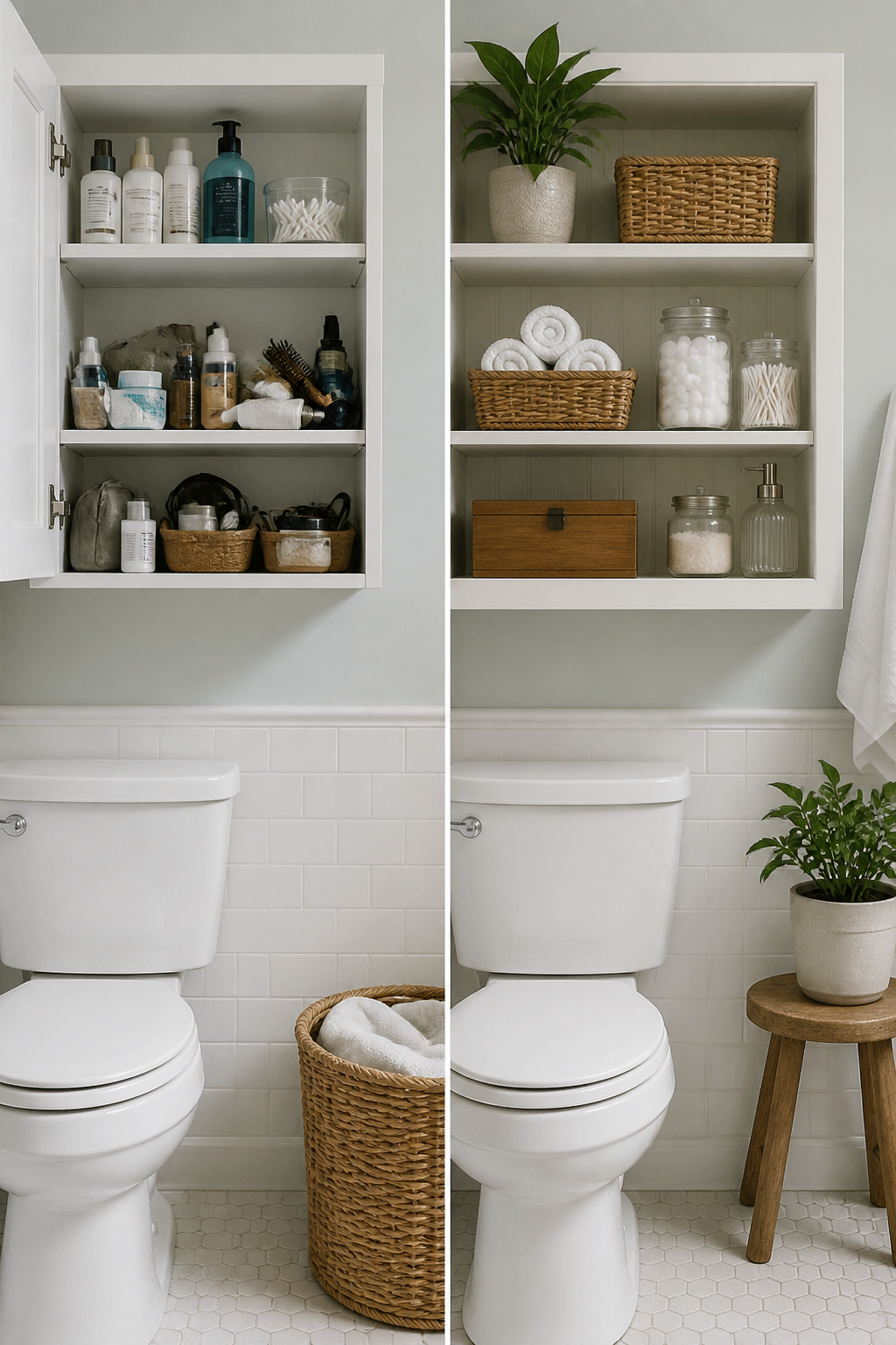 Wicker bins and glass jars used for organized bathroom storage on shelves.