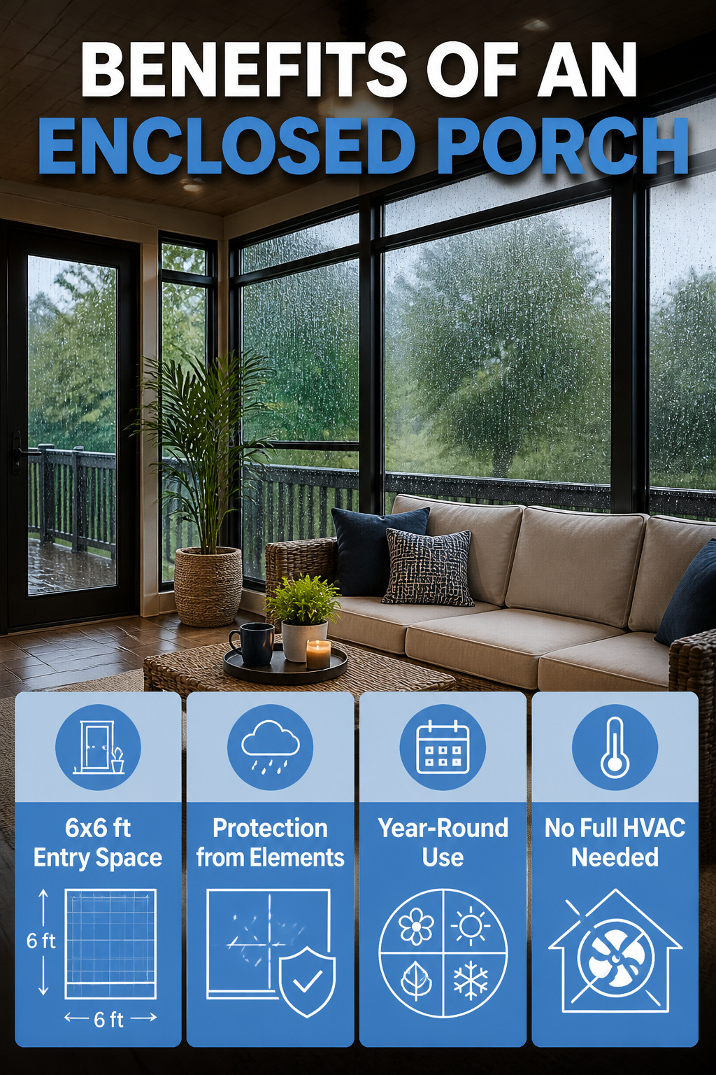 An information graphic illustrating the benefits of an enclosed porch.