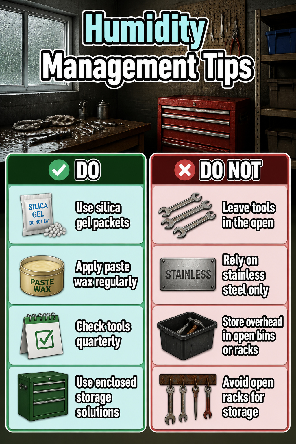 An information graphic about managing humidity for tool storage.