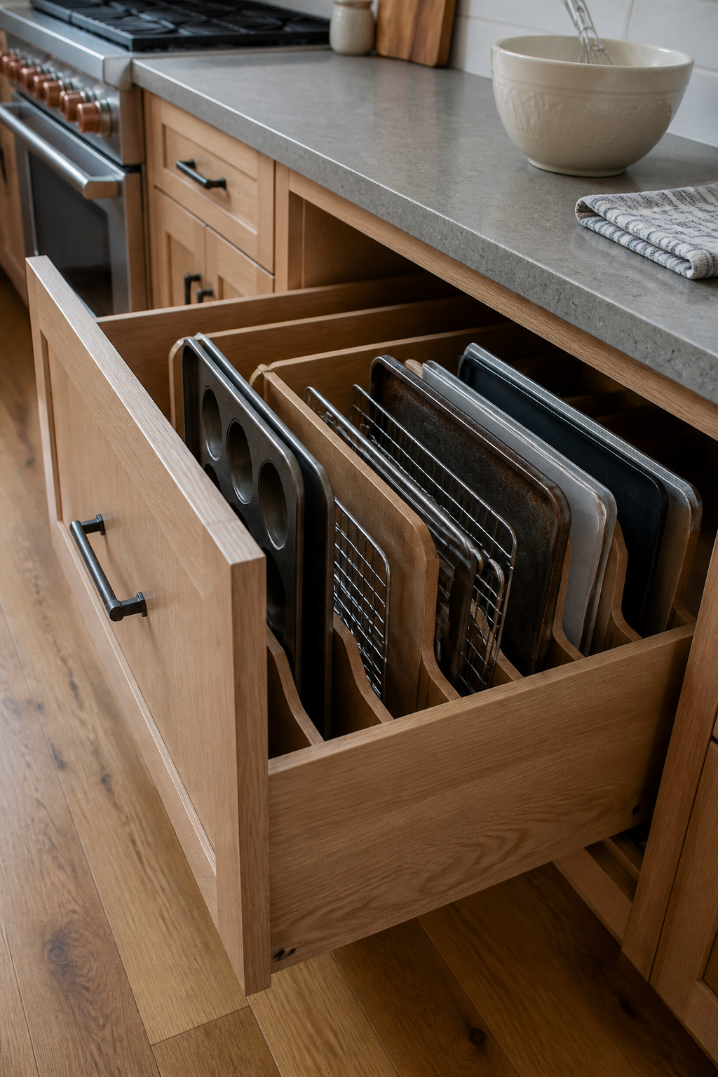 15 Kitchen Cabinet Drawer Ideas for 2026 16 Drawer with dividers for organizing baking sheets and trays.