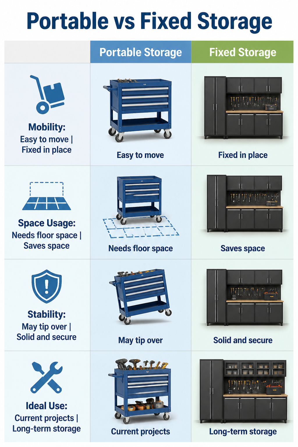 A comparison of rolling carts and fixed storage solutions for tools.