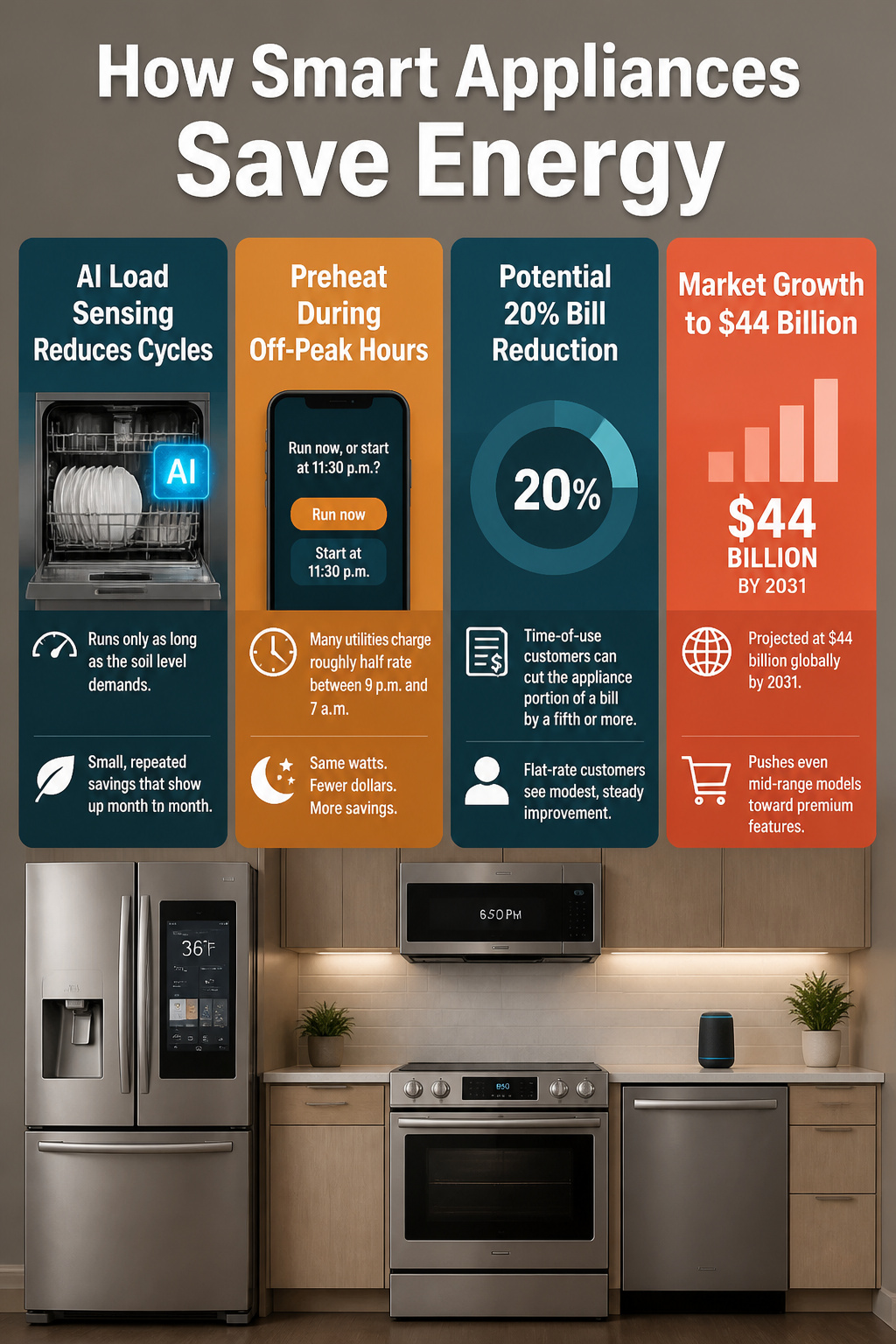 15 Smart Kitchen Design Ideas That Add Real Function for 2026 17 An infographic explaining how smart appliances save energy.