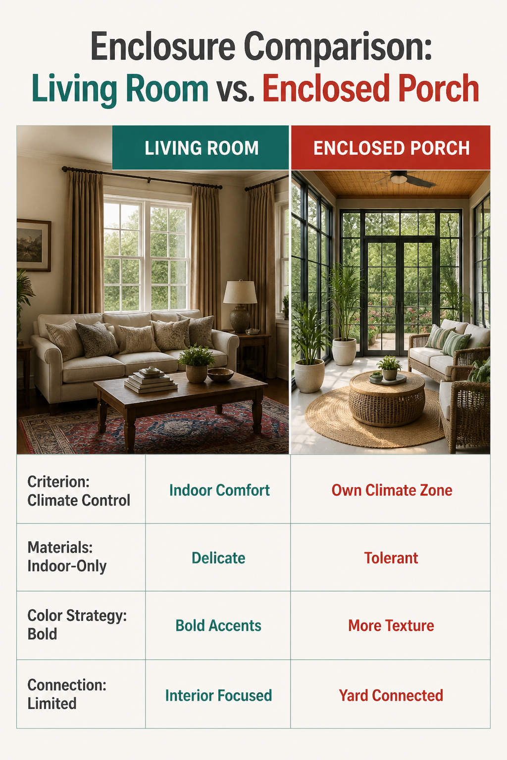 A comparison graphic showing living room versus enclosed porch.