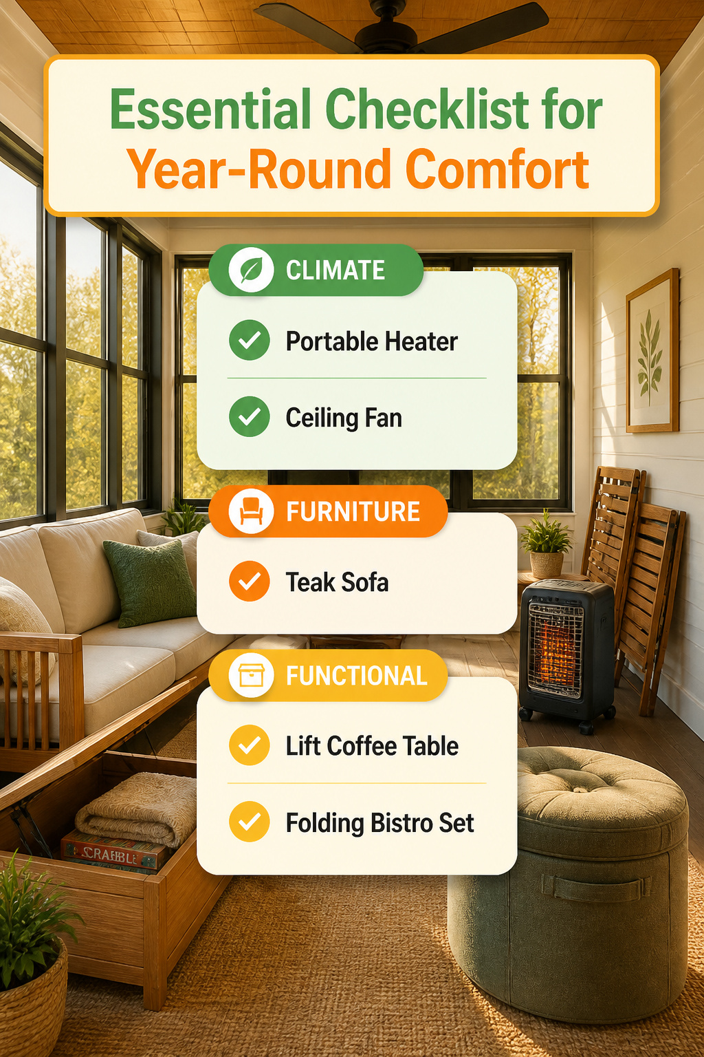 An essential checklist for ensuring year-round comfort in an enclosed porch.