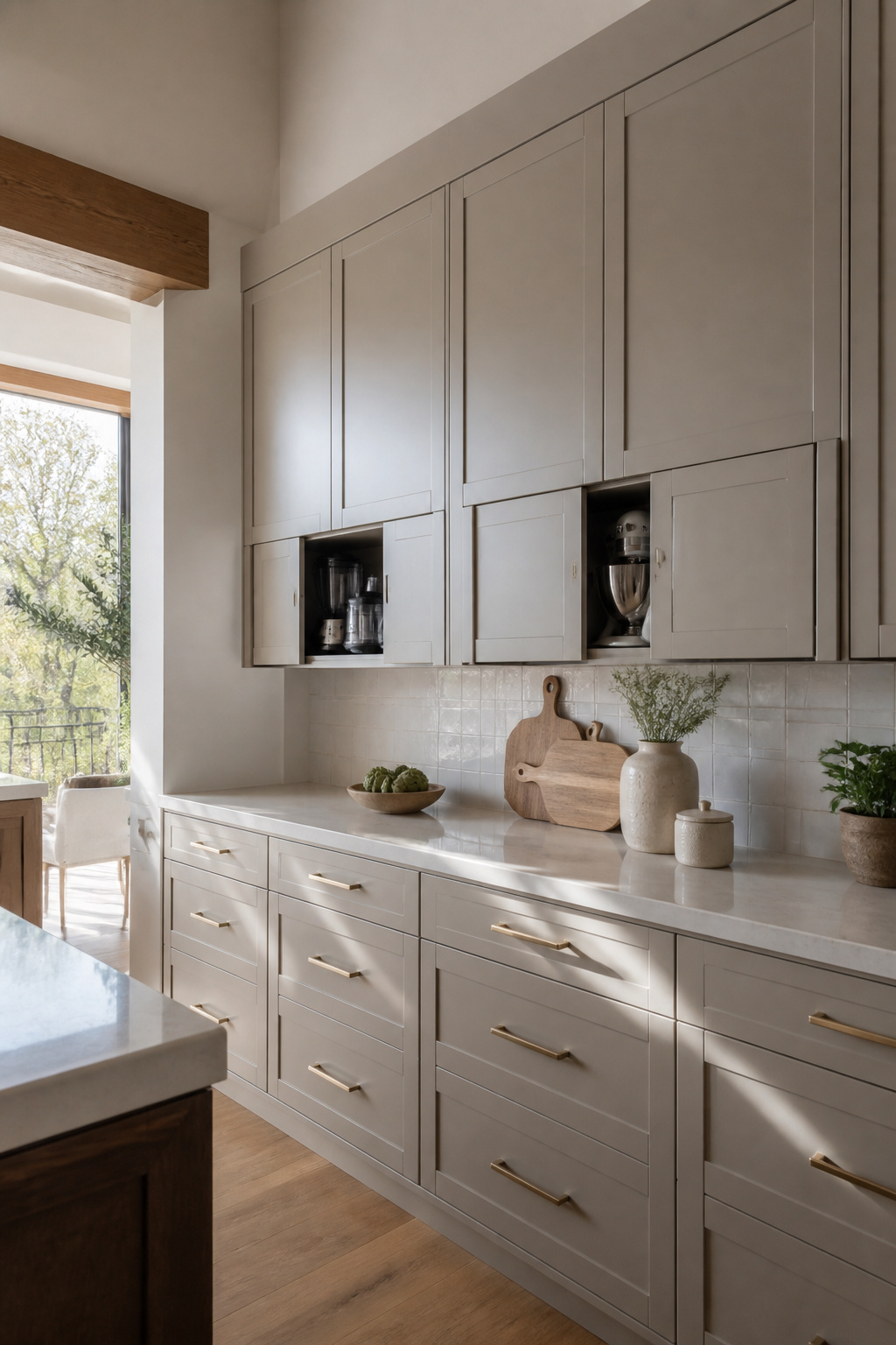 20 Upper Kitchen Cabinet Ideas: Color, Style & Storage for 2026 18 Upper cabinets with pocket doors hiding small kitchen appliances.