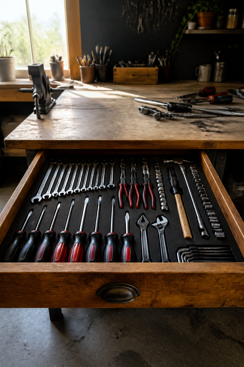 A toolbox drawer lined with custom-cut Kaizen foam for tool organization.