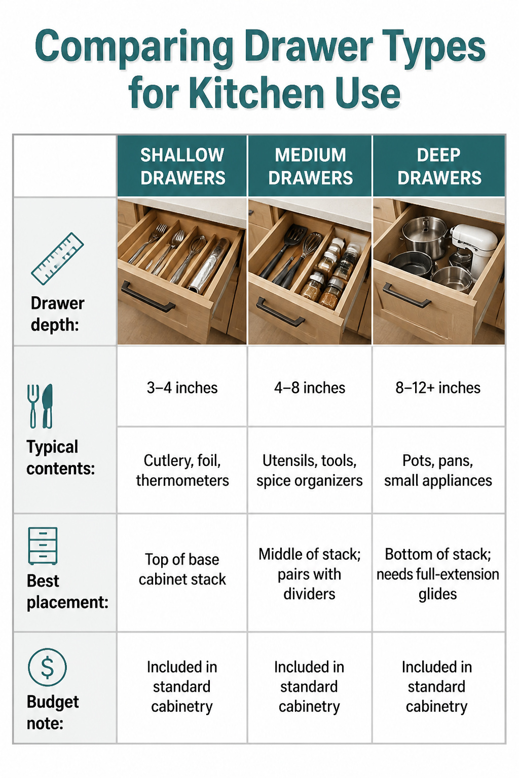 15 Kitchen Cabinet Drawer Ideas for 2026 18 Information graphic comparing drawer types and their uses.