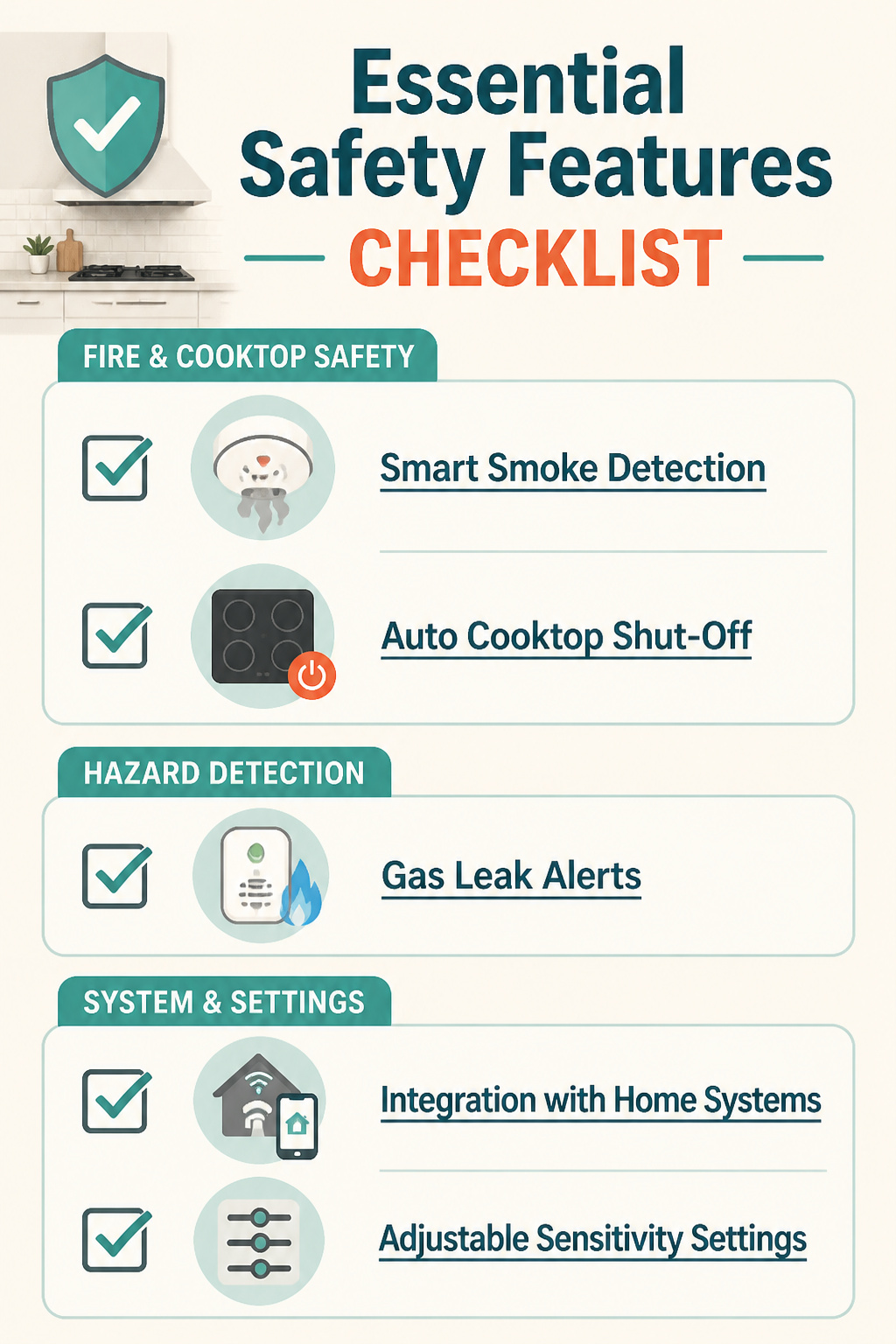 15 Smart Kitchen Design Ideas That Add Real Function for 2026 19 An infographic detailing essential safety features in kitchens.