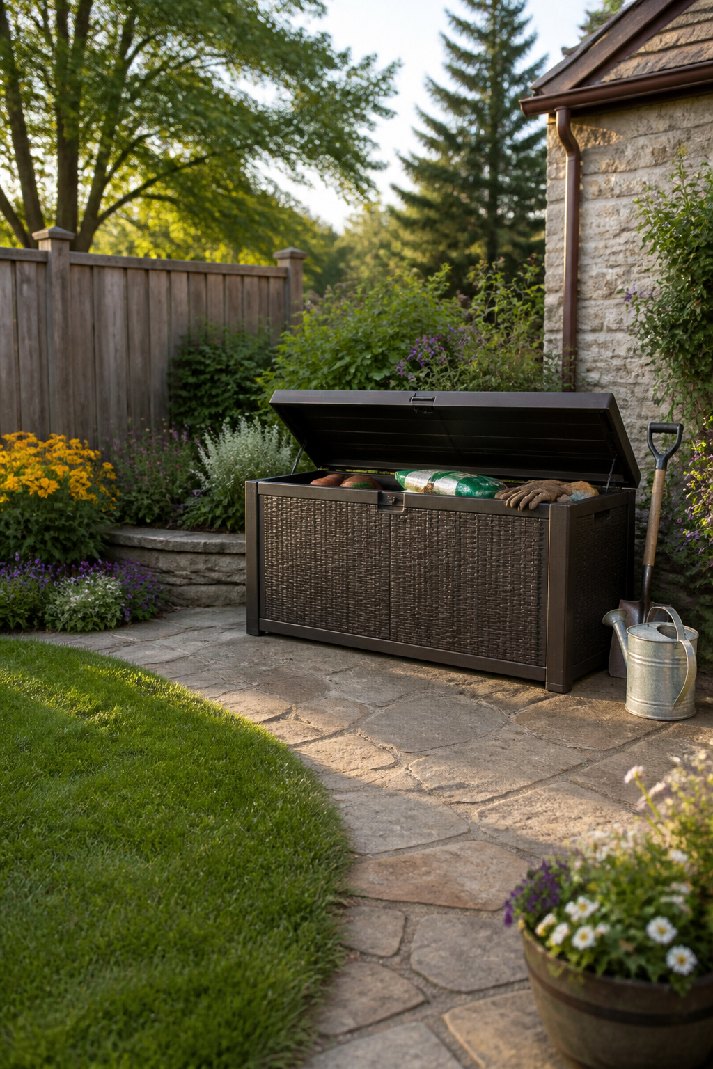A large outdoor storage box made from vinyl tarpaulin for tool storage.