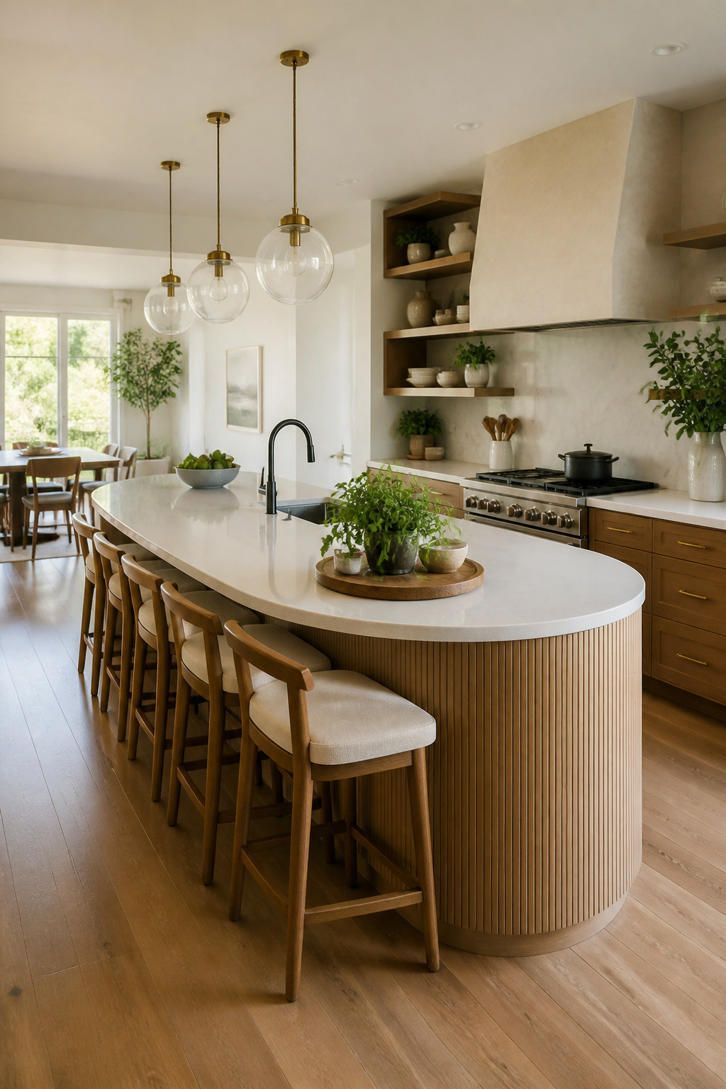 20 Convenient Kitchen Ideas for a Smarter 2026 Remodel 19 Curved kitchen island with stools and a continuous countertop.
