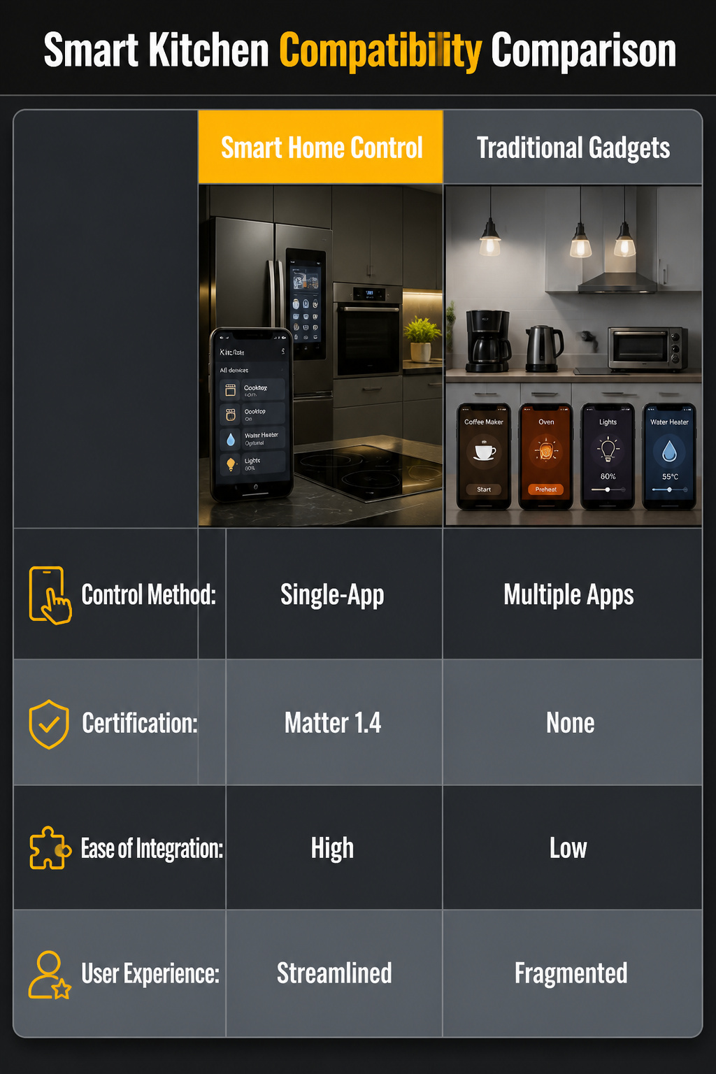 15 Smart Kitchen Design Ideas That Add Real Function for 2026 20 An infographic comparing smart kitchen device compatibility.