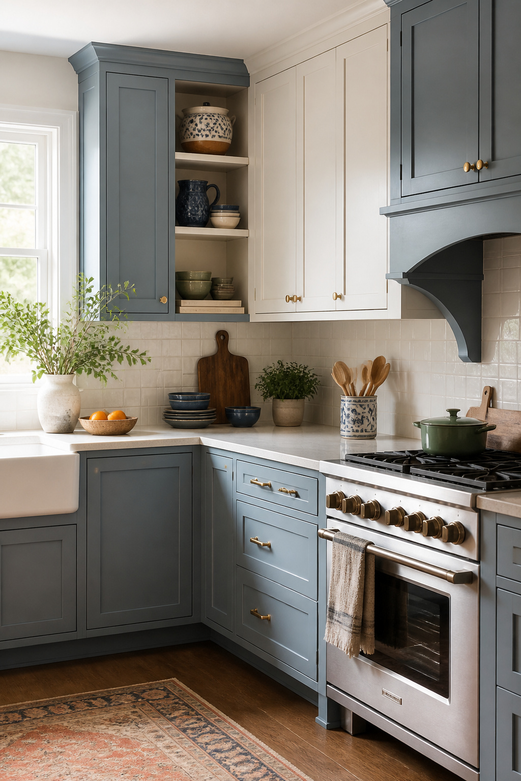 20 Upper Kitchen Cabinet Ideas: Color, Style & Storage for 2026 20 Upper cabinets in muted blue paired with classic white units.