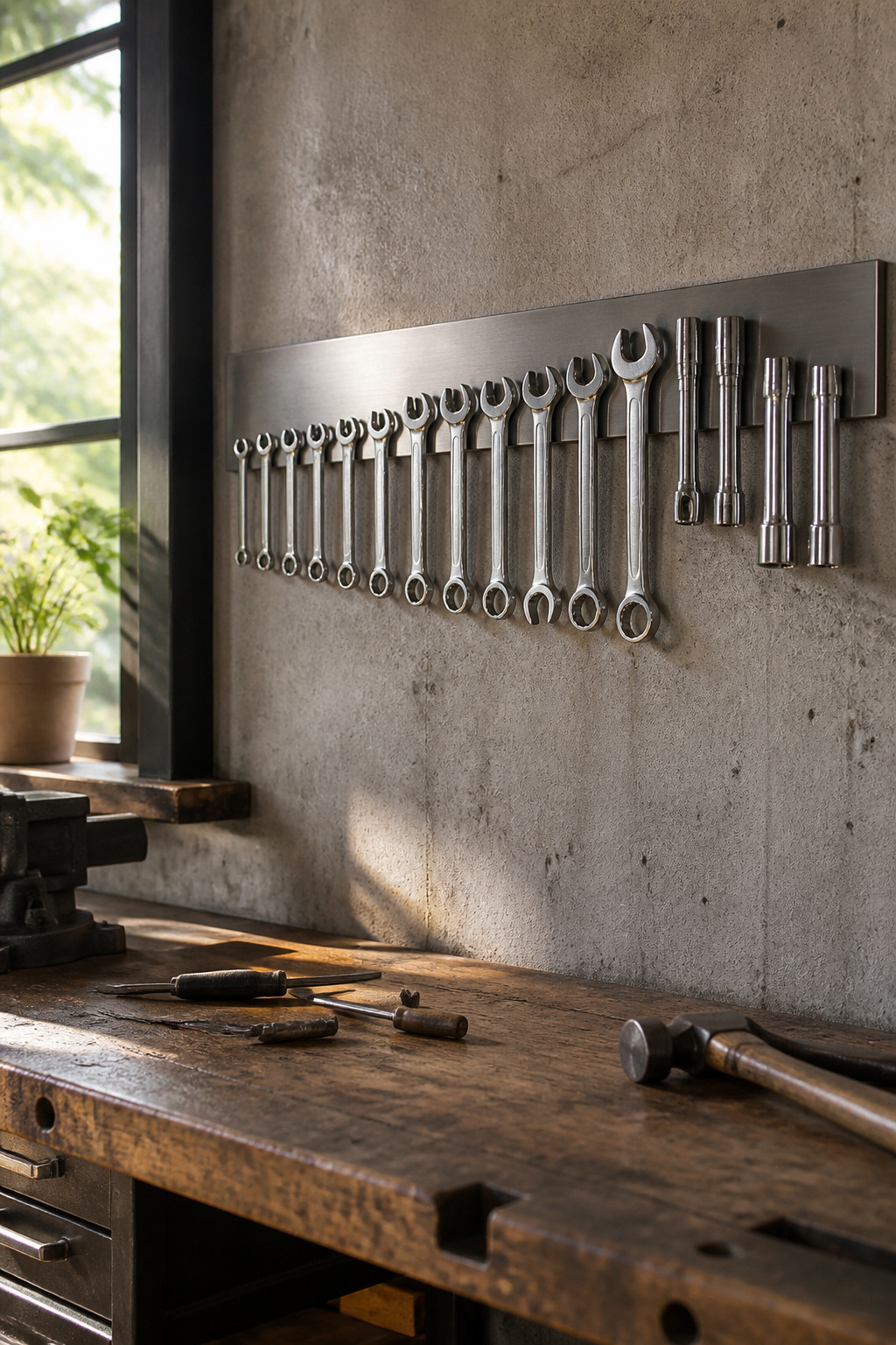 A wall-mounted magnetic strip displaying neatly arranged wrenches and sockets.