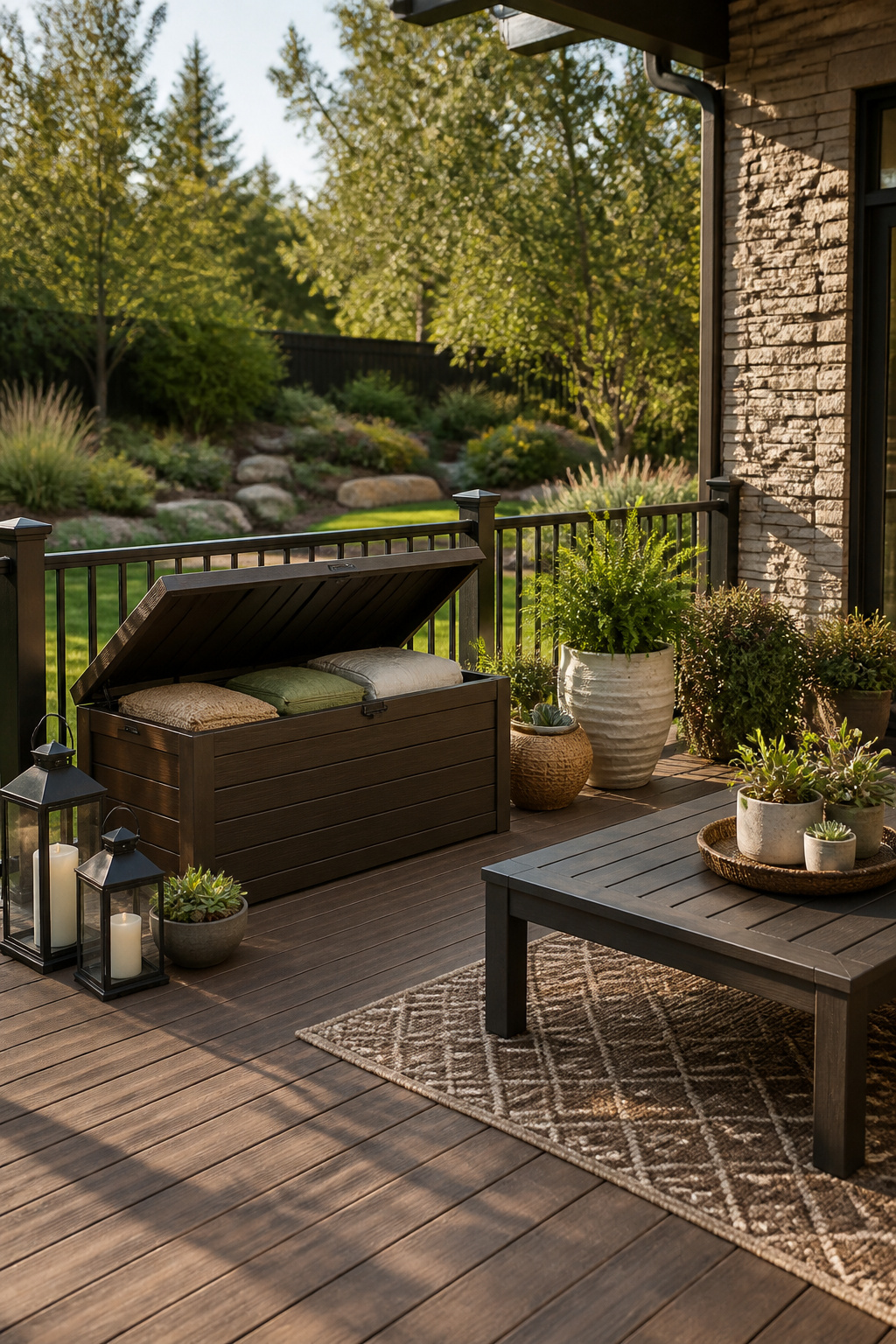 Cushion Storage Ideas: Sheds, Benches, Deck Boxes and More (2026) 3 Outdoor storage bench with a hydraulic lid for easy access.