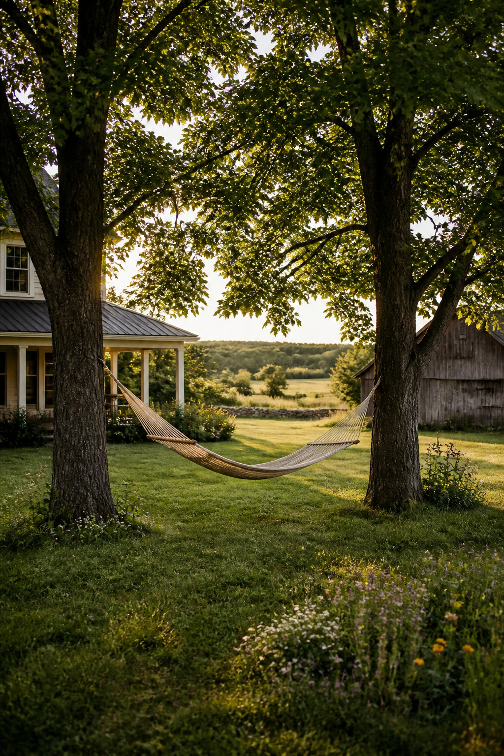 10 Farmhouse Outdoor Ideas for Backyards and Patios in 2026 3 A hammock hanging between two mature trees in a backyard.