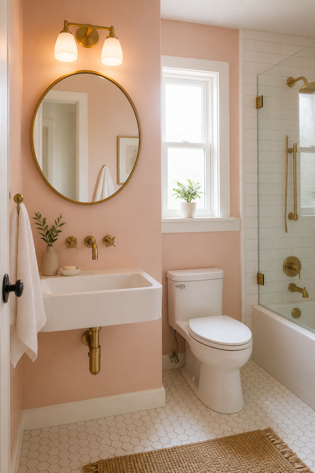 9 Paint Ideas for Small Bathrooms to Make the Room Feel Bigger (2026) 3 A small bathroom with soft pink walls and a round brass-framed mirror.