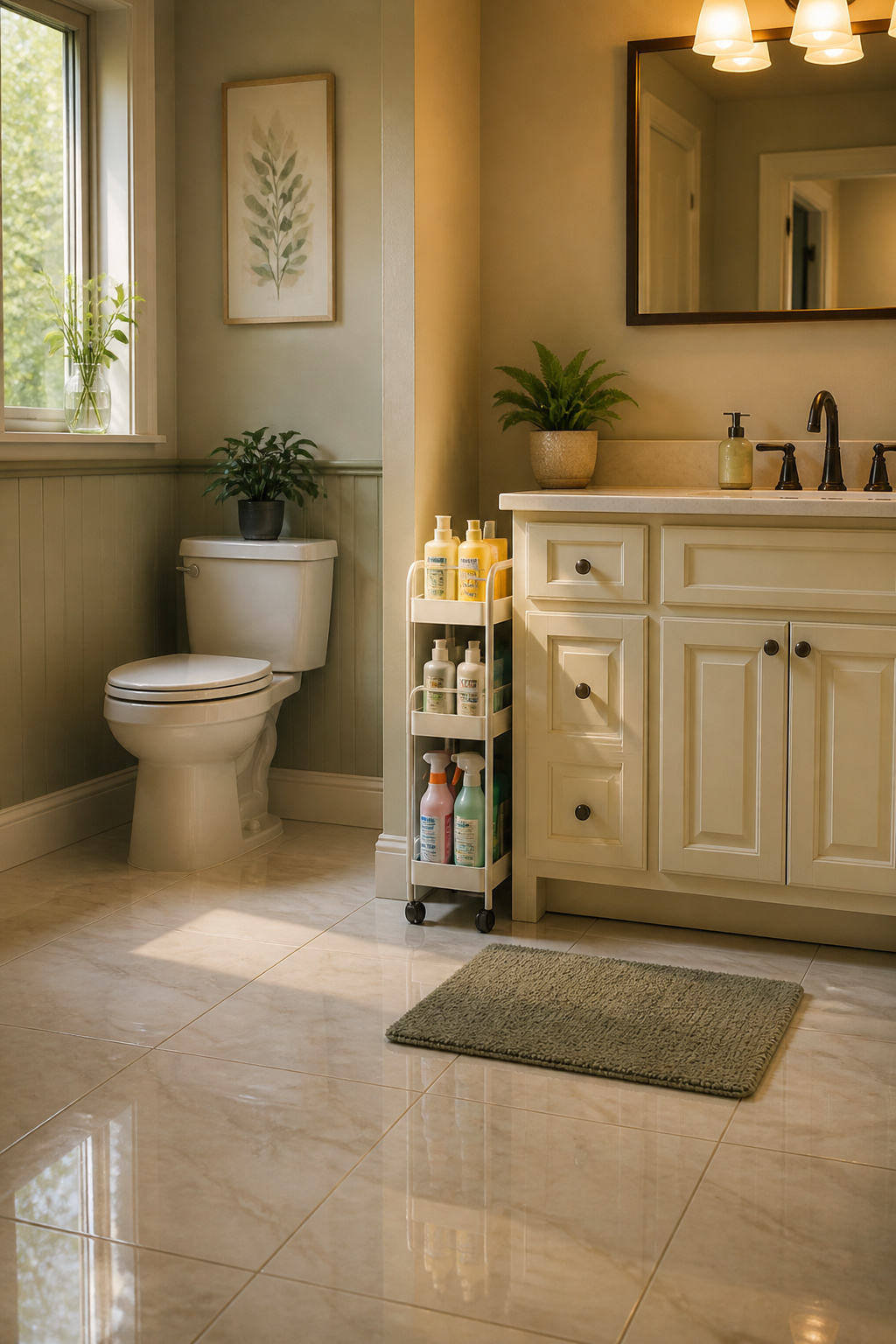 A slim rolling storage cart positioned next to a toilet in a bathroom.