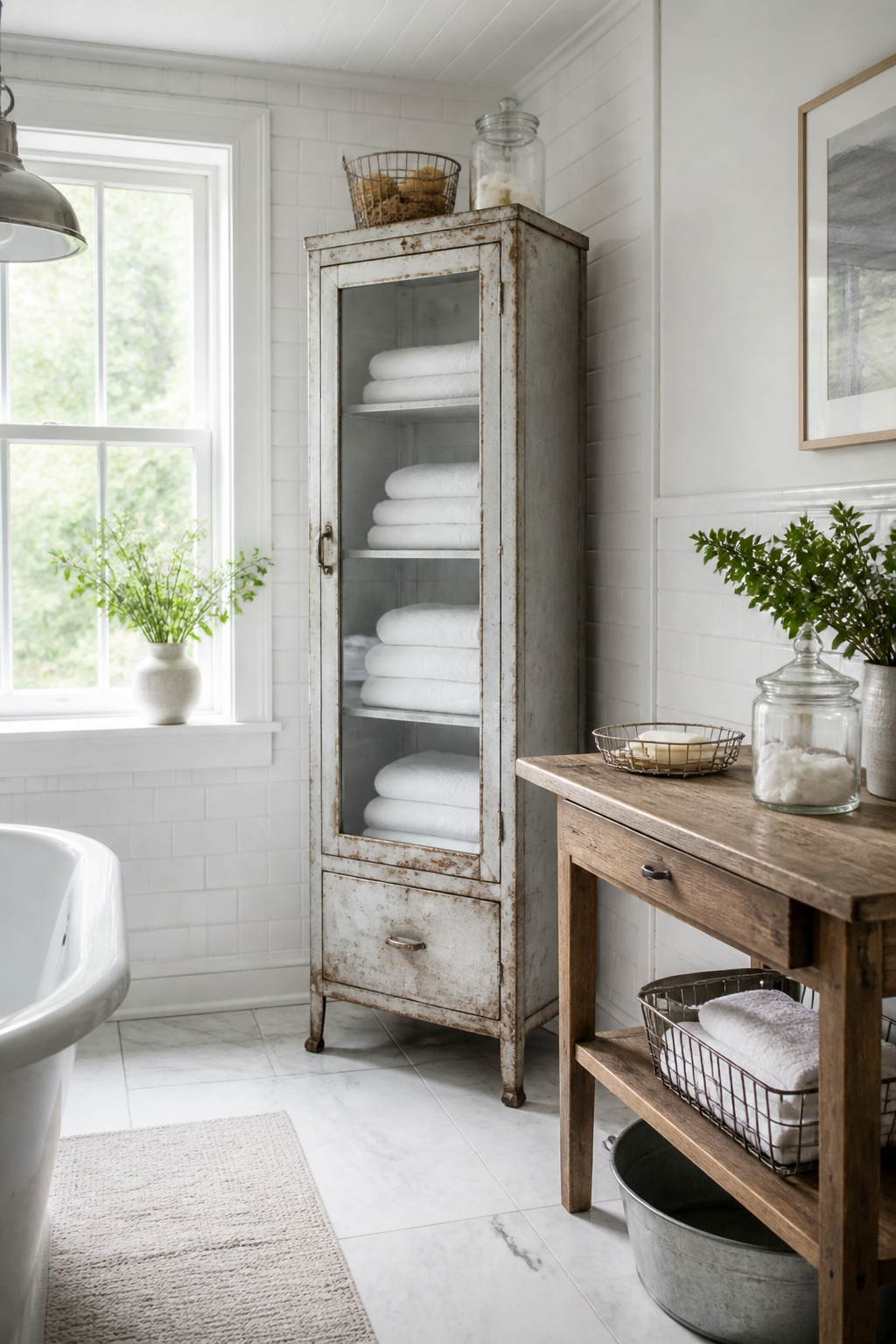 5 Martha Stewart Bathroom Ideas That Balance Clean Style With Personality 3 Vintage metal doctor's cabinet and farmhouse pastry table in a bathroom.
