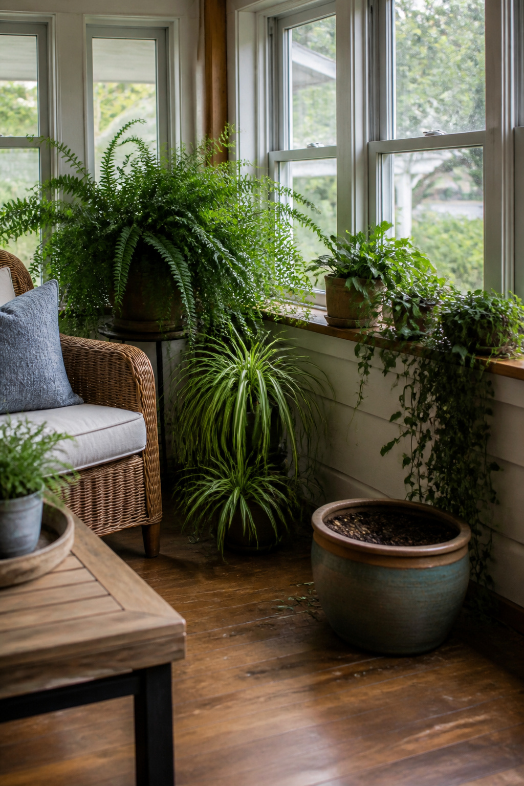 Lush greenery with potted ferns and a spider plant in a corner.