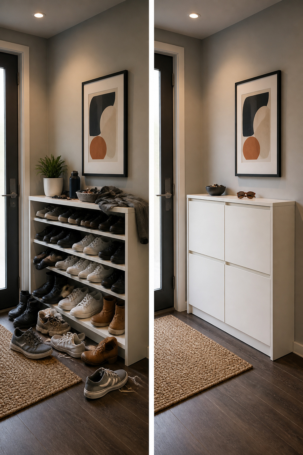 IKEA Ställ Shoe Cabinet with shoes and decor on top.