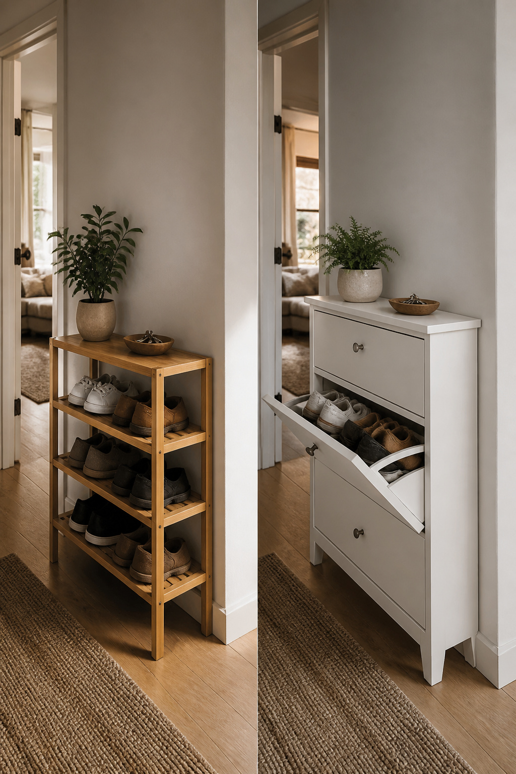 IKEA Hemnes shoe cabinet with a tilt-out flap and shoes inside.