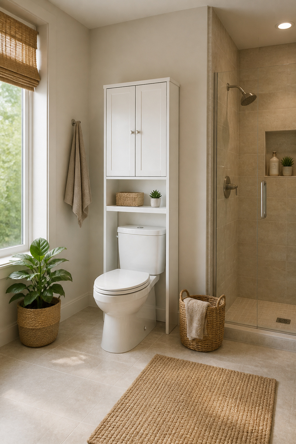Cabinet mounted above a toilet for storage.