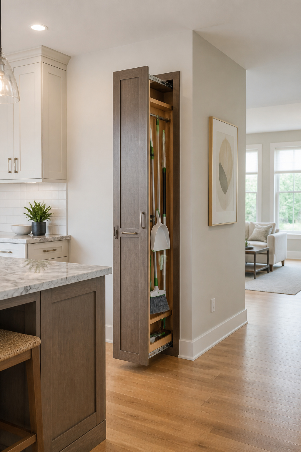 Pull-out pantry cabinet with brooms and mops stored inside.