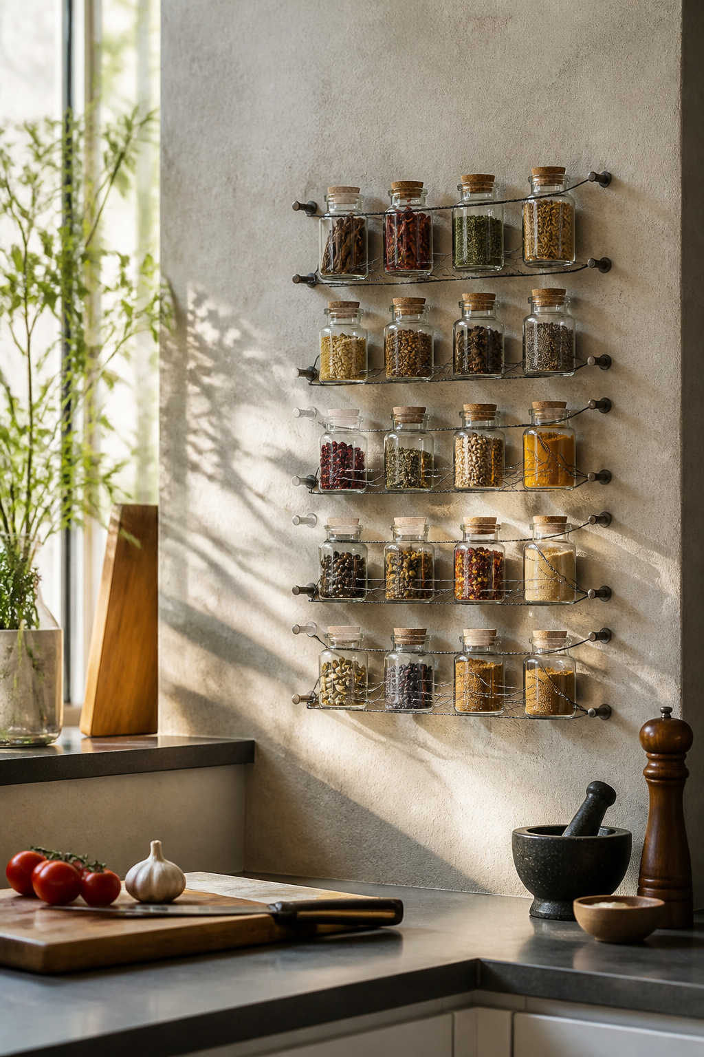 12 Kitchen Spice Rack Ideas to Organize Your Counter or Wall (2026) 3 A wire spice rack with jars arranged between finished nails on a wall.
