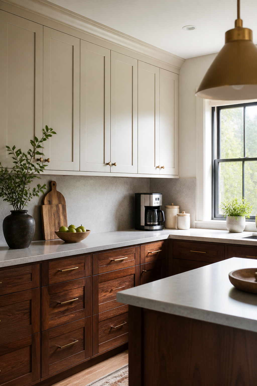 20 Upper Kitchen Cabinet Ideas: Color, Style & Storage for 2026 3 Upper cabinets in Natural Cream above dark walnut lower cabinets.