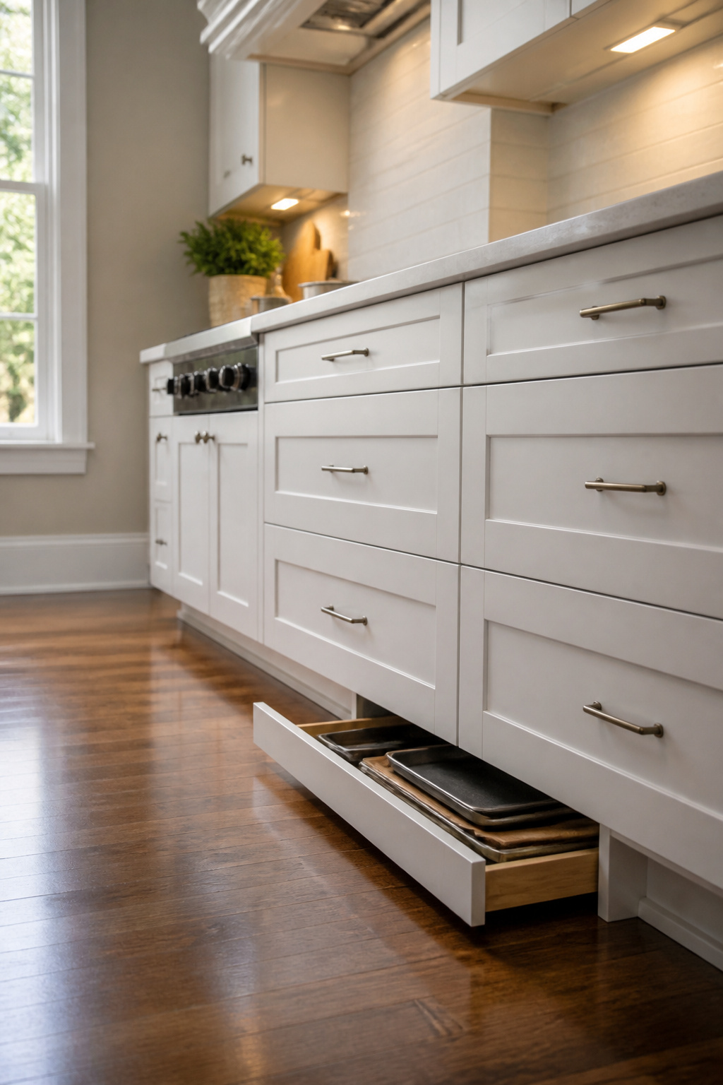 20 Convenient Kitchen Ideas for a Smarter 2026 Remodel 3 Hidden drawer at the base of white cabinets holding flat kitchen items.