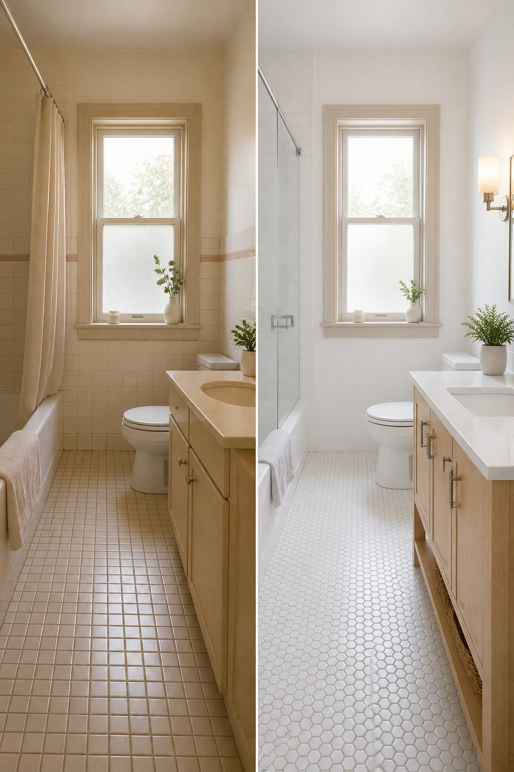 Bathroom walls painted in warm white with a white ceiling.