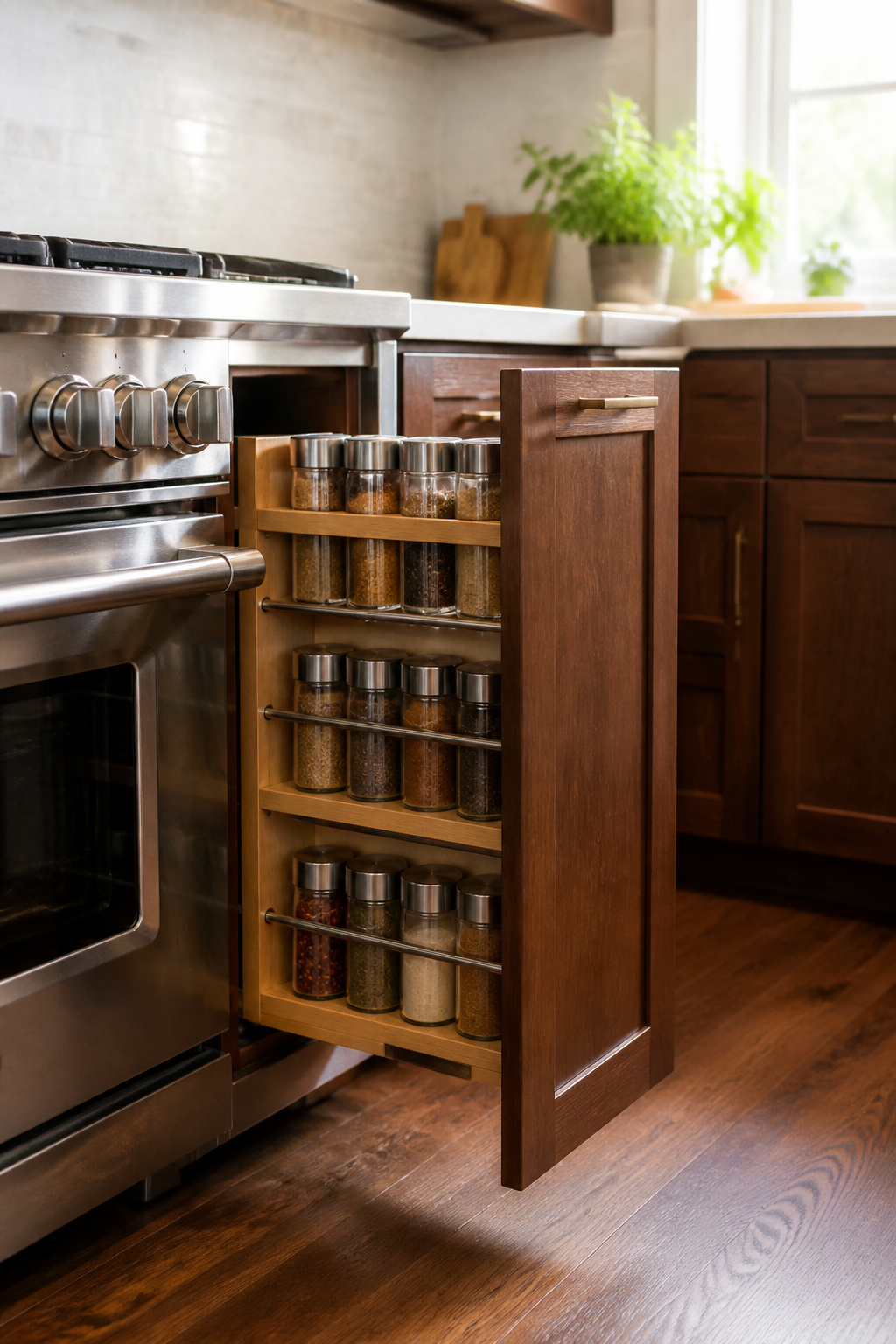 15 Kitchen Cabinet Drawer Ideas for 2026 3 Narrow pull-out spice drawer with tiered racks and labeled jars.