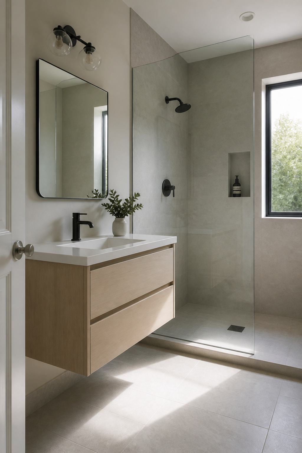 A small bathroom with a pale wood floating vanity and clear glass shower.